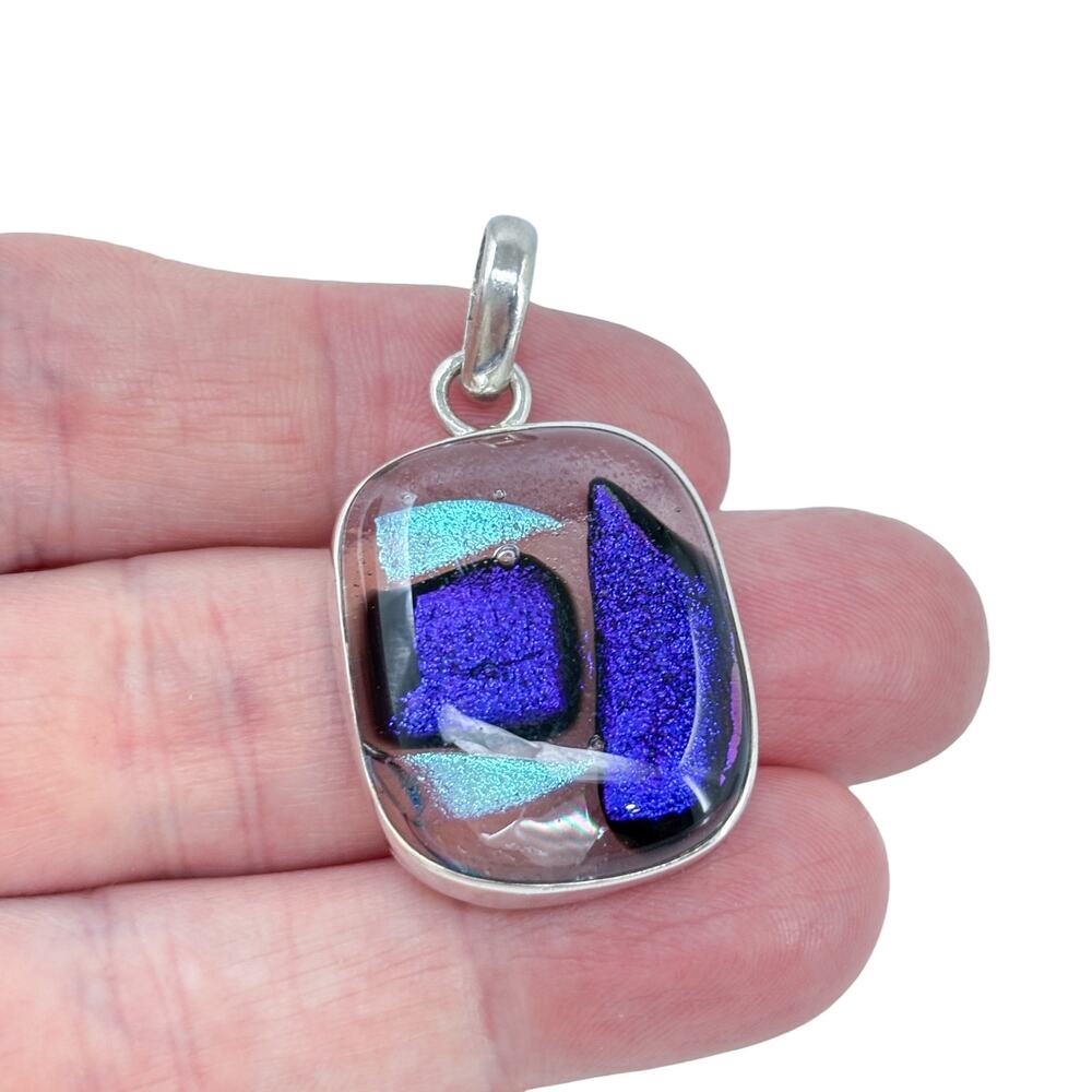 Vintage Sterling Silver 925 Translucent Blue Dichroic Glass Pendant